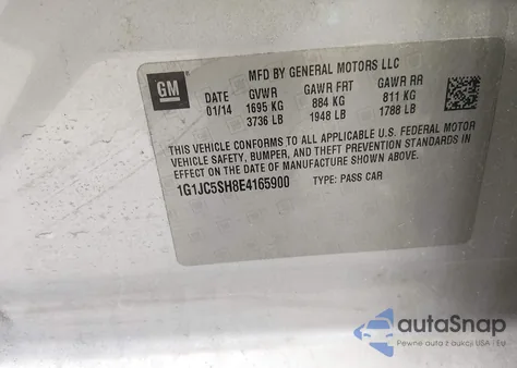 2014 Chevrolet Sonic Lt Auto z USA, uszkodzony, nr VIN 1G1JC5SH8E4165900